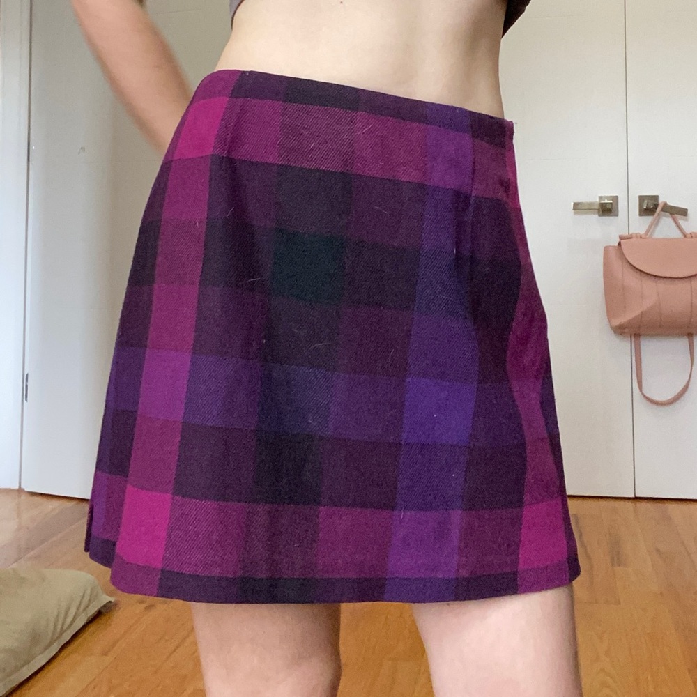 Vintage plaid wool skirt, purple hues, size S (~26)